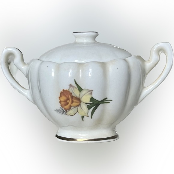 πRoyal Dover England Bone China Cream and Sugar Bowl with Lid Daffodil Set - Picture 5 of 16